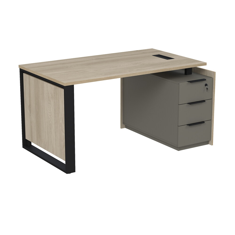 Стол рабочий с люч, на опорной угловой тумбе, с ящиками (метабокс), с замком