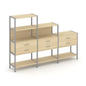 Трехсекционный стеллаж четырех/трех/двухярусный с ящиками