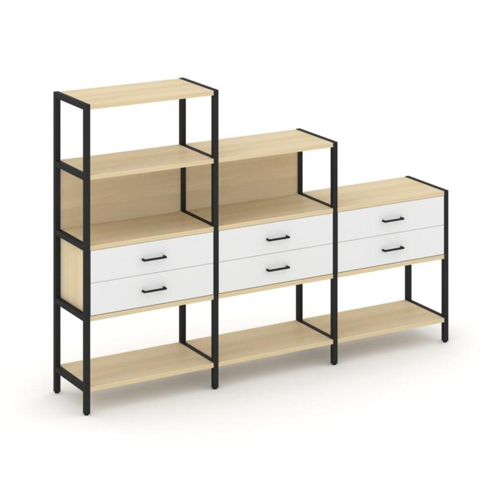 Трехсекционный стеллаж четырех/трех/двухярусный с ящиками