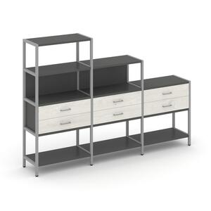 Трехсекционный стеллаж четырех/трех/двухярусный с ящиками