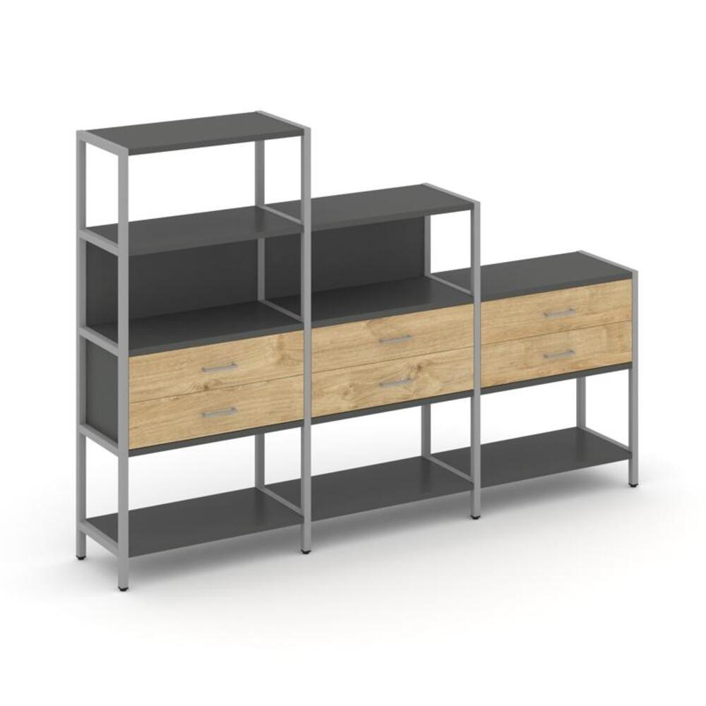 Трехсекционный стеллаж четырех/трех/двухярусный с ящиками