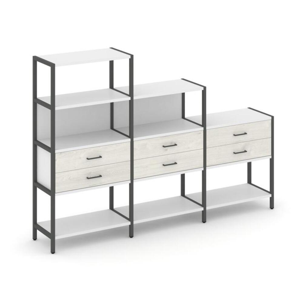 Трехсекционный стеллаж четырех/трех/двухярусный с ящиками