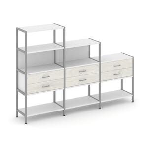 Трехсекционный стеллаж четырех/трех/двухярусный с ящиками