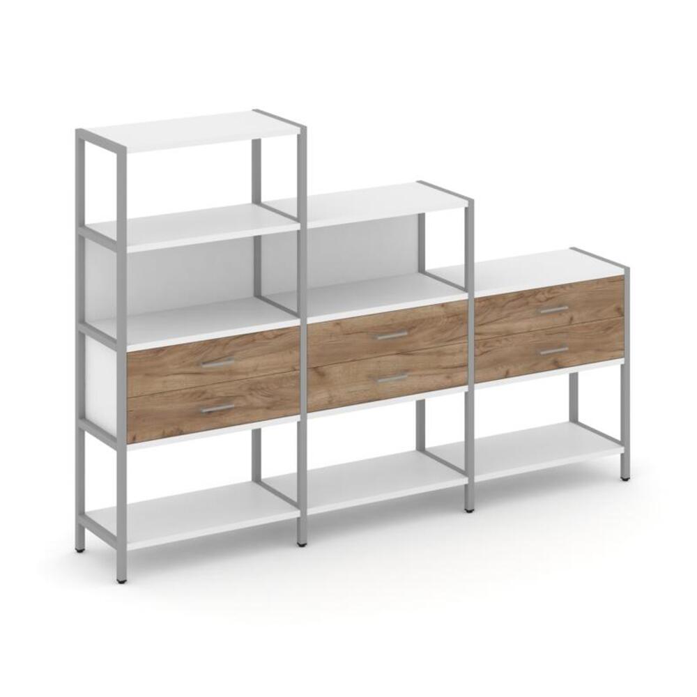 Трехсекционный стеллаж четырех/трех/двухярусный с ящиками