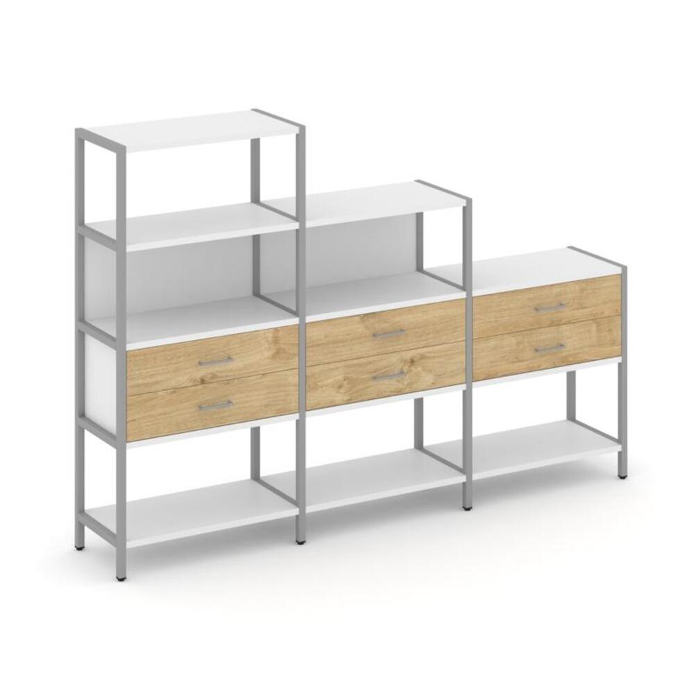 Трехсекционный стеллаж четырех/трех/двухярусный с ящиками