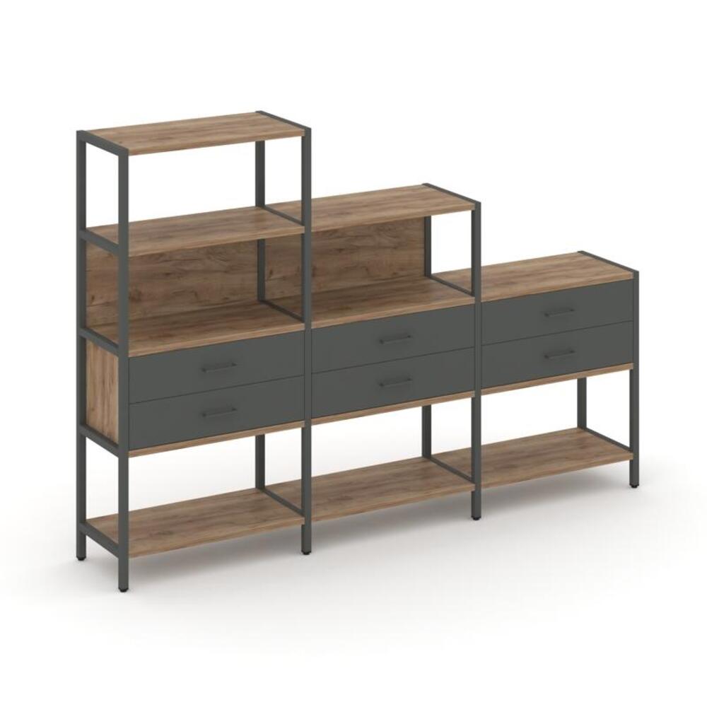 Трехсекционный стеллаж четырех/трех/двухярусный с ящиками