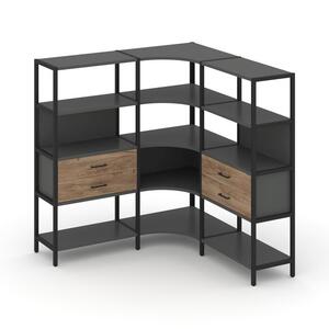 Трехсекционный угловой стеллаж четырехярусный с ящиками