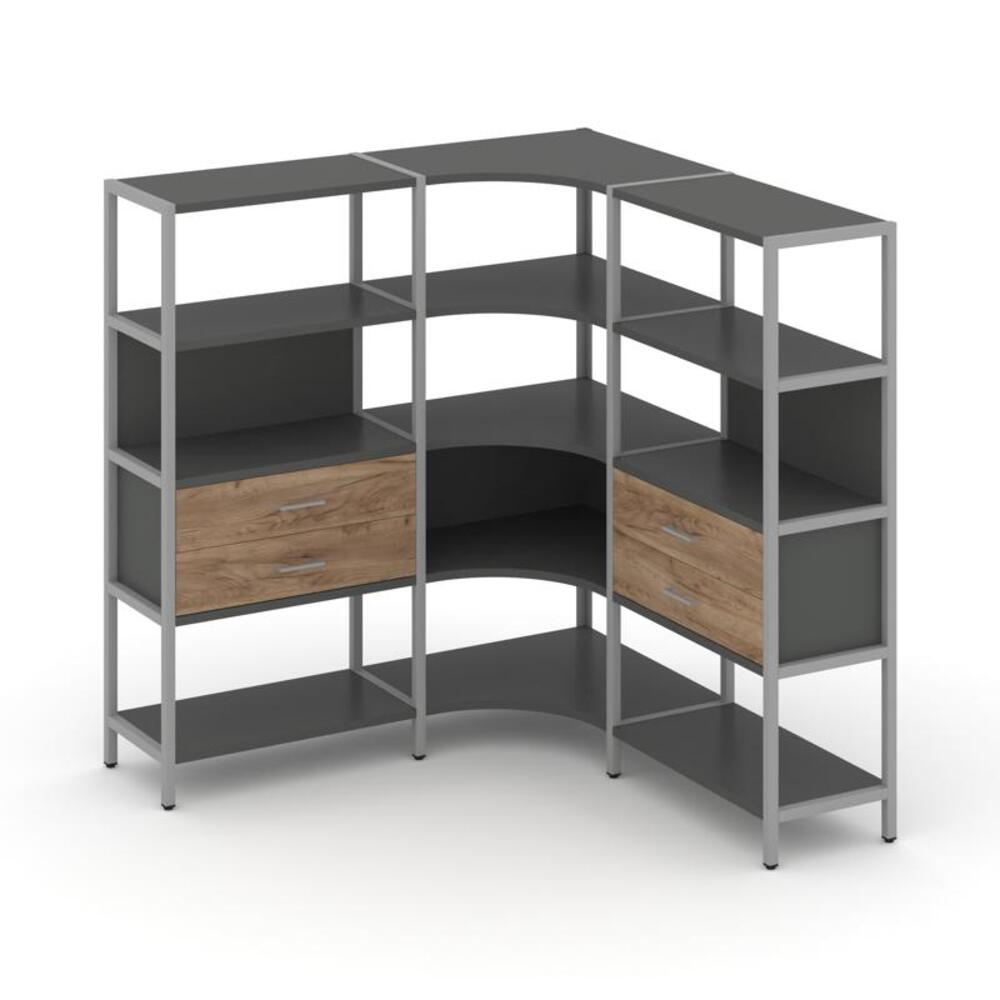 Трехсекционный угловой стеллаж четырехярусный с ящиками