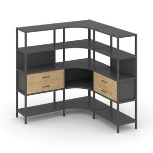 Трехсекционный угловой стеллаж четырехярусный с ящиками