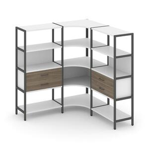 Трехсекционный угловой стеллаж четырехярусный с ящиками