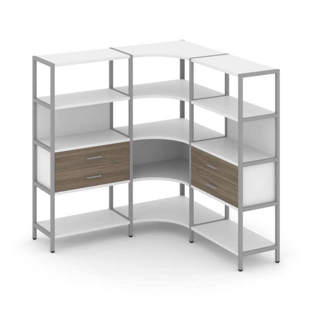 Трехсекционный угловой стеллаж четырехярусный с ящиками