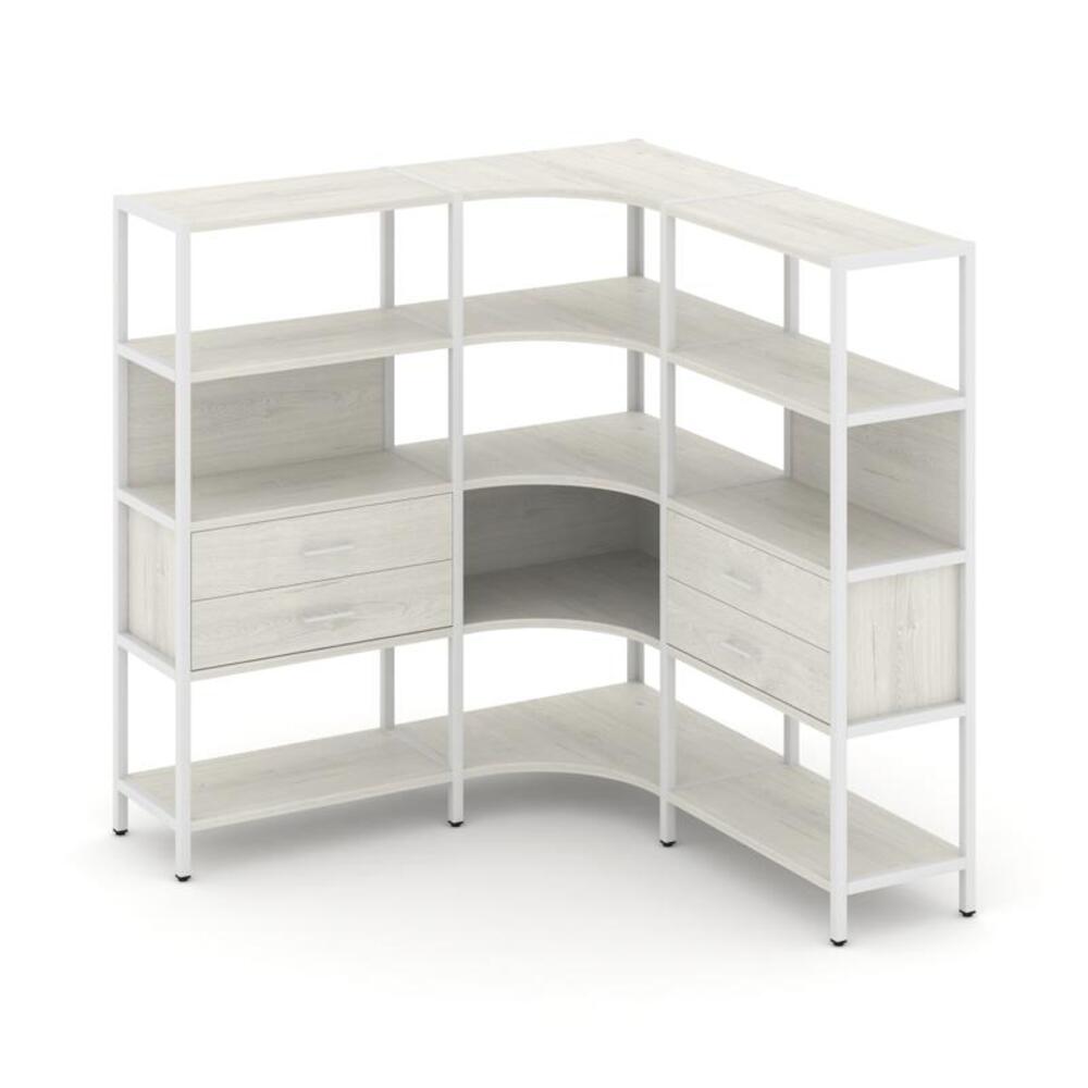 Трехсекционный угловой стеллаж четырехярусный с ящиками