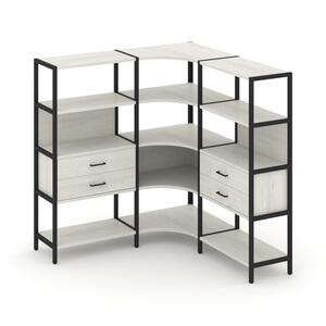 Трехсекционный угловой стеллаж четырехярусный с ящиками