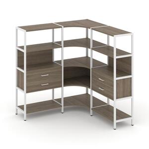 Трехсекционный угловой стеллаж четырехярусный с ящиками
