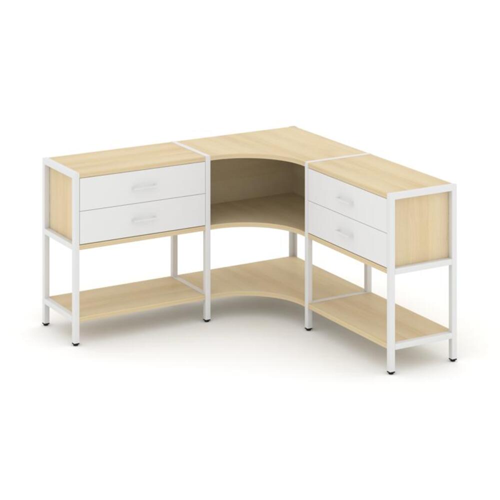 Трехсекционный угловой стеллаж двухярусный с ящиками