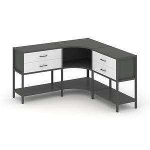 Трехсекционный угловой стеллаж двухярусный с ящиками