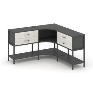 Трехсекционный угловой стеллаж двухярусный с ящиками