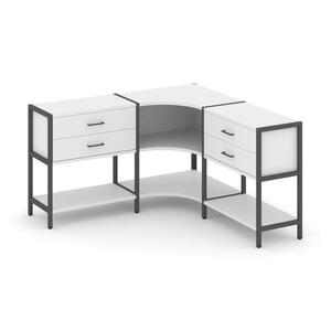 Трехсекционный угловой стеллаж двухярусный с ящиками