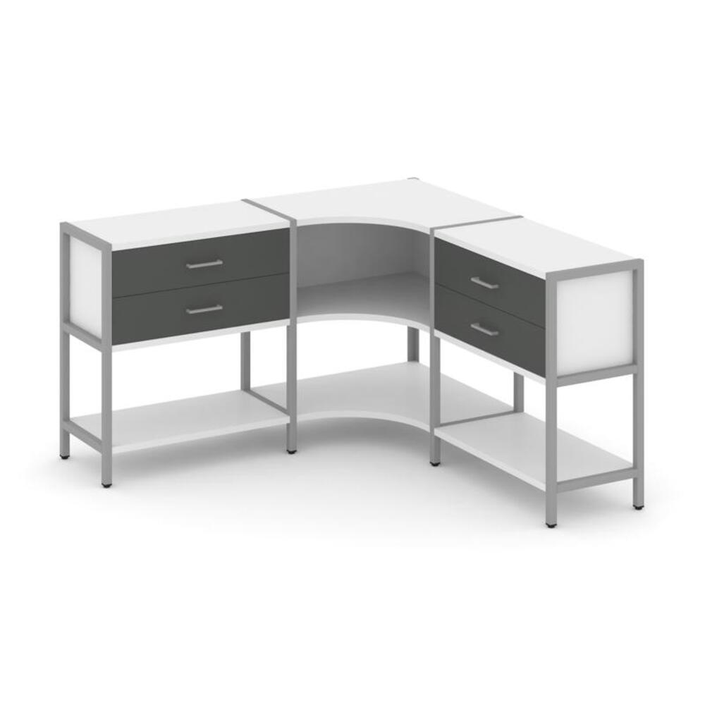 Трехсекционный угловой стеллаж двухярусный с ящиками