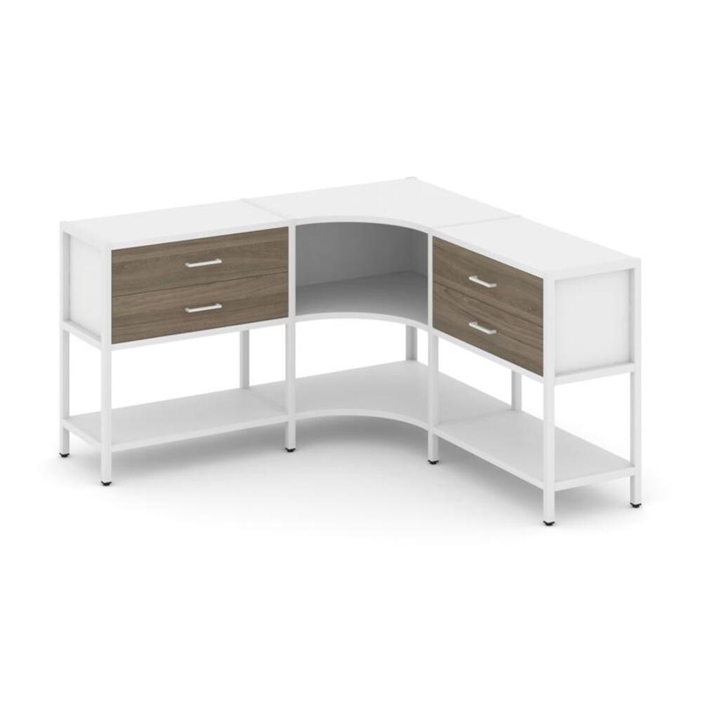 Трехсекционный угловой стеллаж двухярусный с ящиками