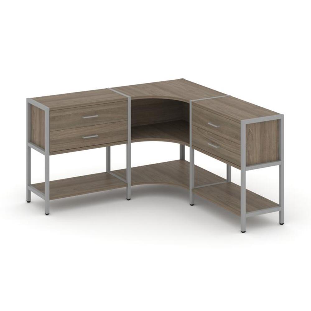 Трехсекционный угловой стеллаж двухярусный с ящиками