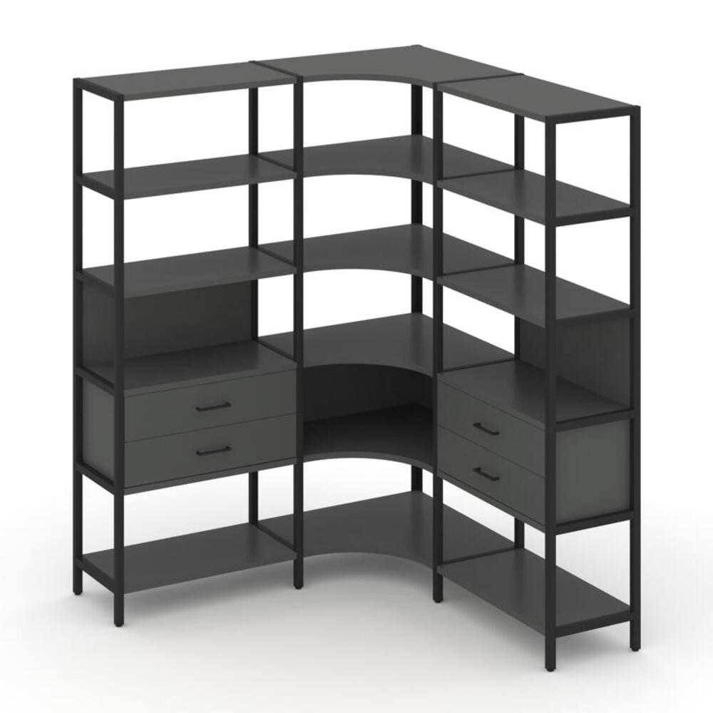 Трехсекционный угловой стеллаж пятиярусный с ящиками