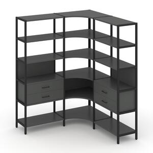 Трехсекционный угловой стеллаж пятиярусный с ящиками