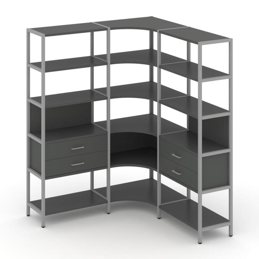 Трехсекционный угловой стеллаж пятиярусный с ящиками