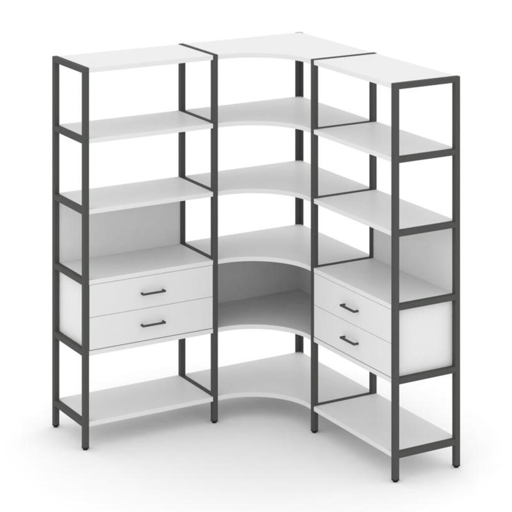 Трехсекционный угловой стеллаж пятиярусный с ящиками