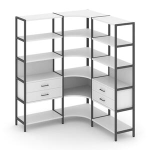 Трехсекционный угловой стеллаж пятиярусный с ящиками