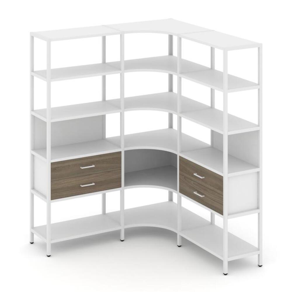 Трехсекционный угловой стеллаж пятиярусный с ящиками