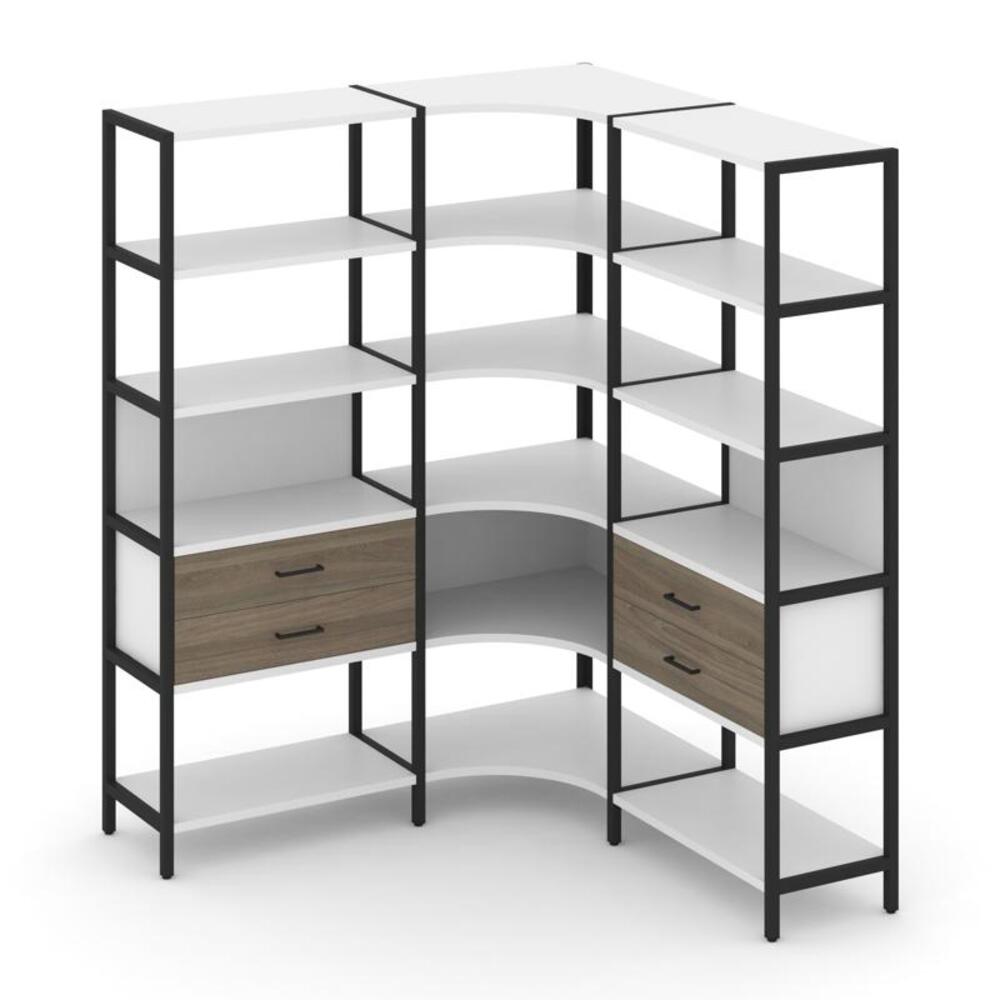 Трехсекционный угловой стеллаж пятиярусный с ящиками