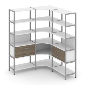 Трехсекционный угловой стеллаж пятиярусный с ящиками