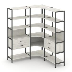 Трехсекционный угловой стеллаж пятиярусный с ящиками