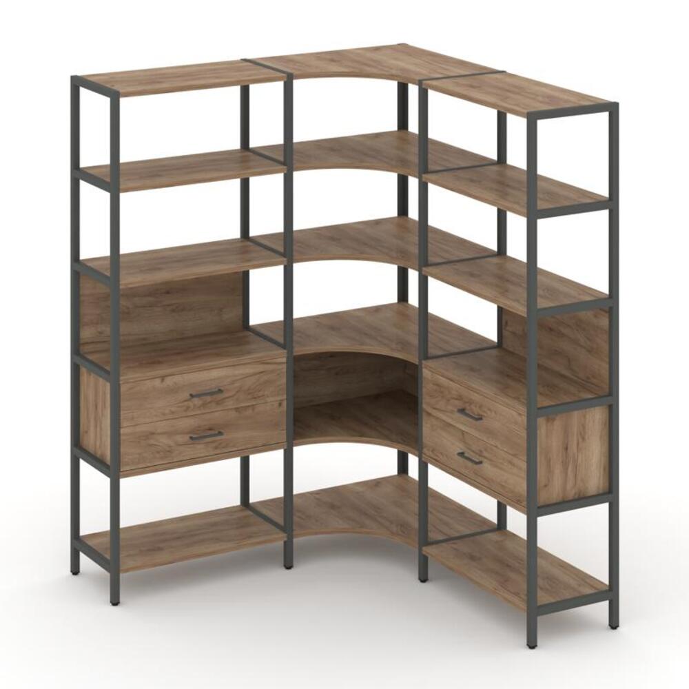 Трехсекционный угловой стеллаж пятиярусный с ящиками