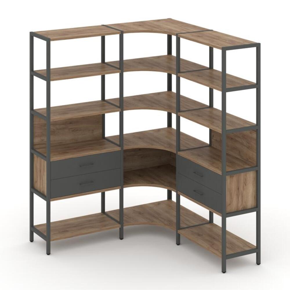 Трехсекционный угловой стеллаж пятиярусный с ящиками