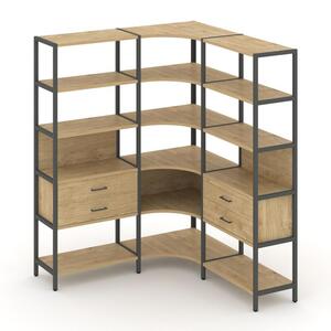 Трехсекционный угловой стеллаж пятиярусный с ящиками