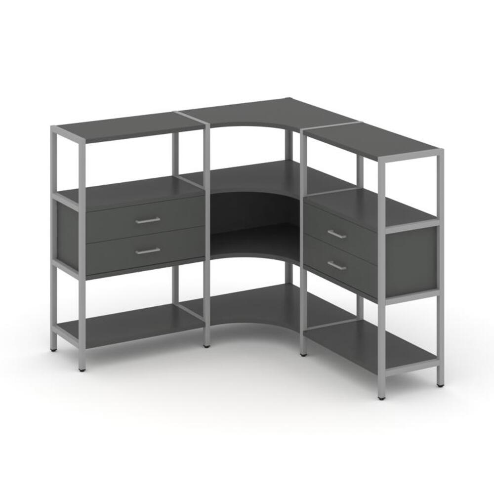 Трехсекционный угловой стеллаж трехярусный с ящиками