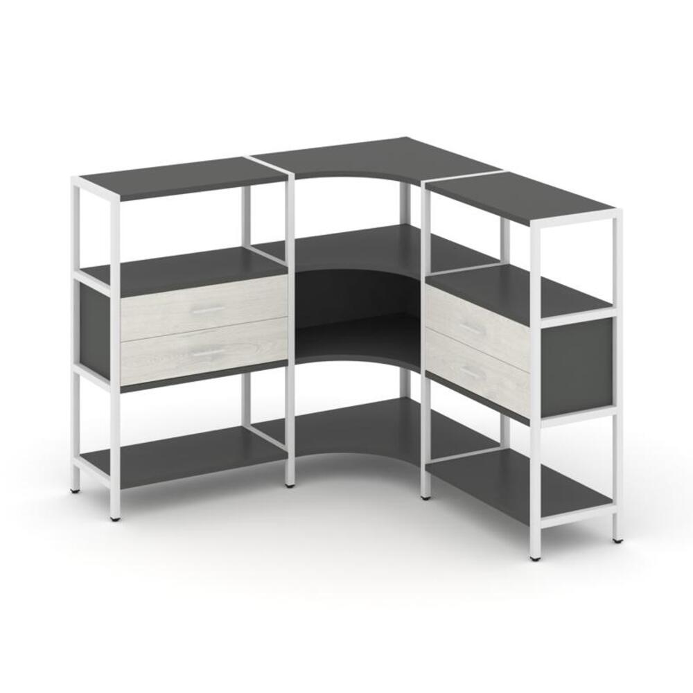 Трехсекционный угловой стеллаж трехярусный с ящиками
