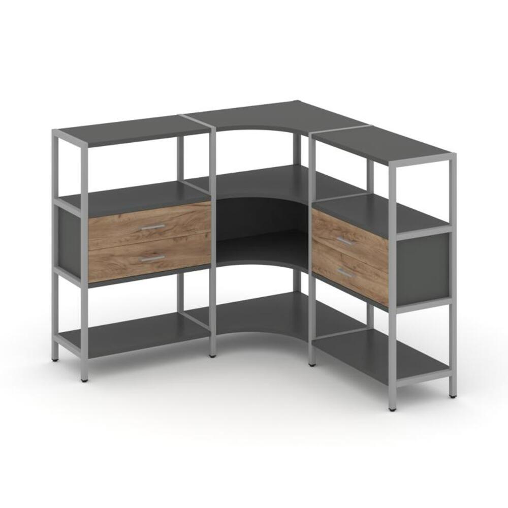 Трехсекционный угловой стеллаж трехярусный с ящиками