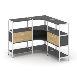 Трехсекционный угловой стеллаж трехярусный с ящиками