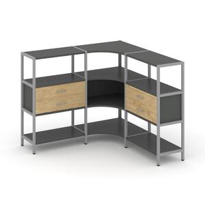 Трехсекционный угловой стеллаж трехярусный с ящиками
