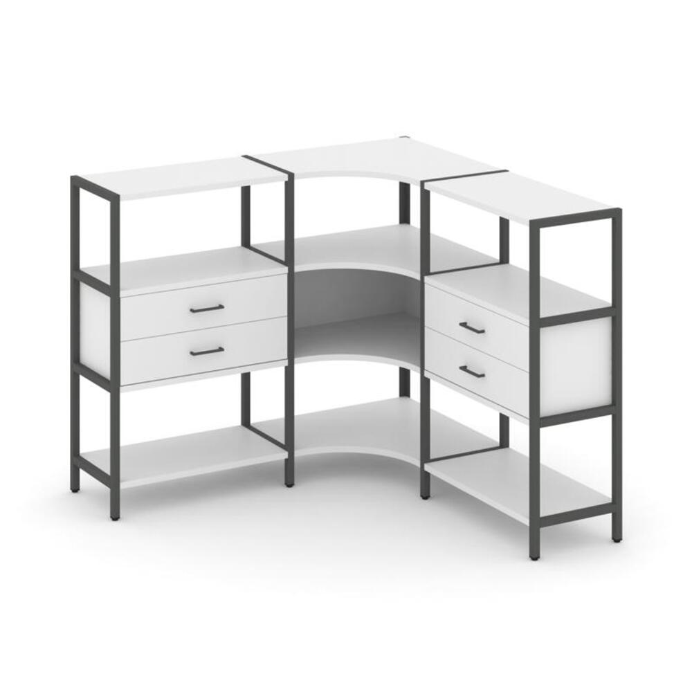 Трехсекционный угловой стеллаж трехярусный с ящиками