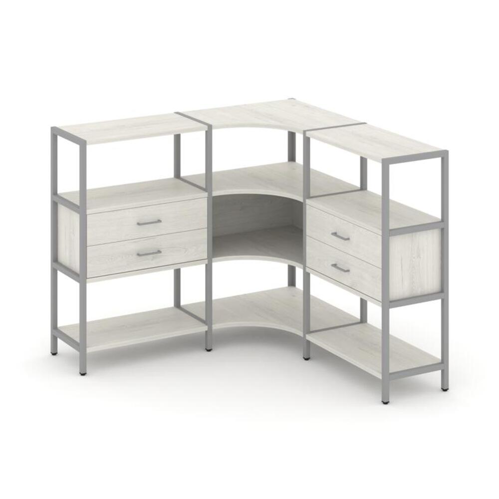Трехсекционный угловой стеллаж трехярусный с ящиками