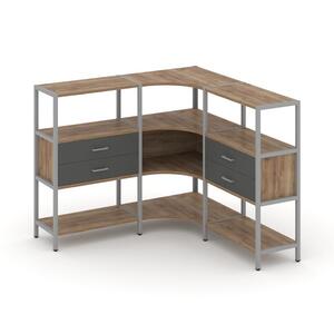 Трехсекционный угловой стеллаж трехярусный с ящиками